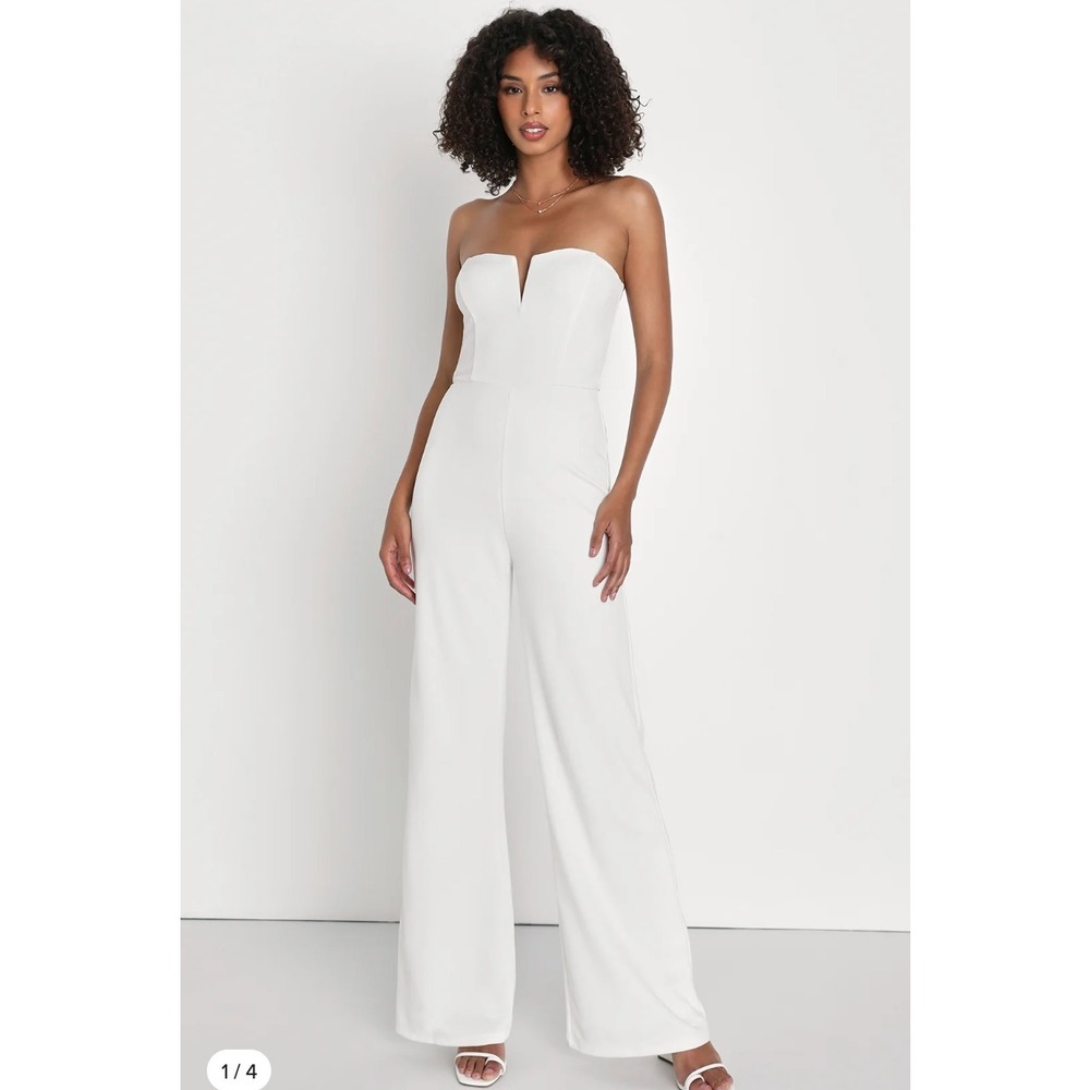 NWT Lulus Make Your Statement *Off White Strapless Cutout Wide-Leg Jumpsuit Sz L